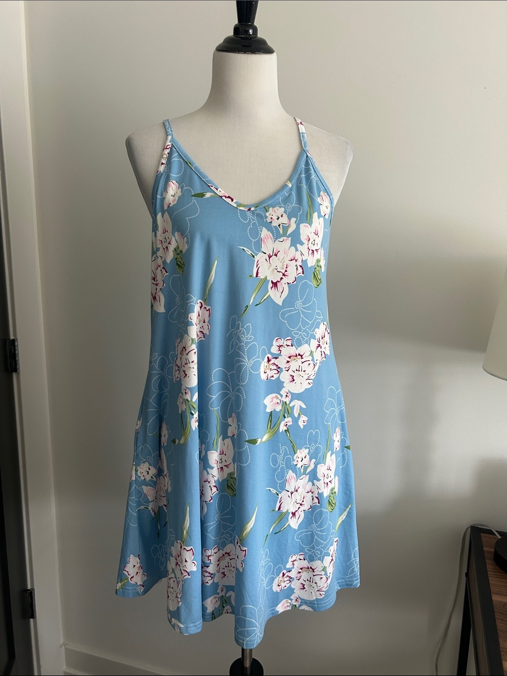 Summer L stretchy light blue pink white Floral Slip mini Dress with pockets